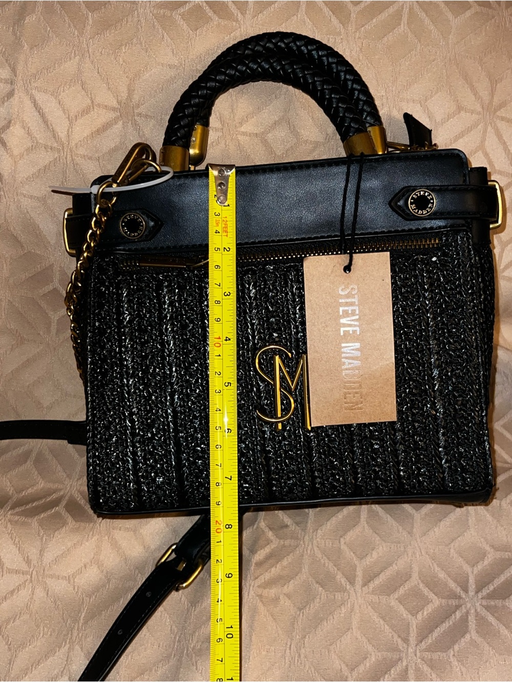 Steve Madden Black Braided Top-Handle Satchel with Gold Accent - Picture 11 of 17
